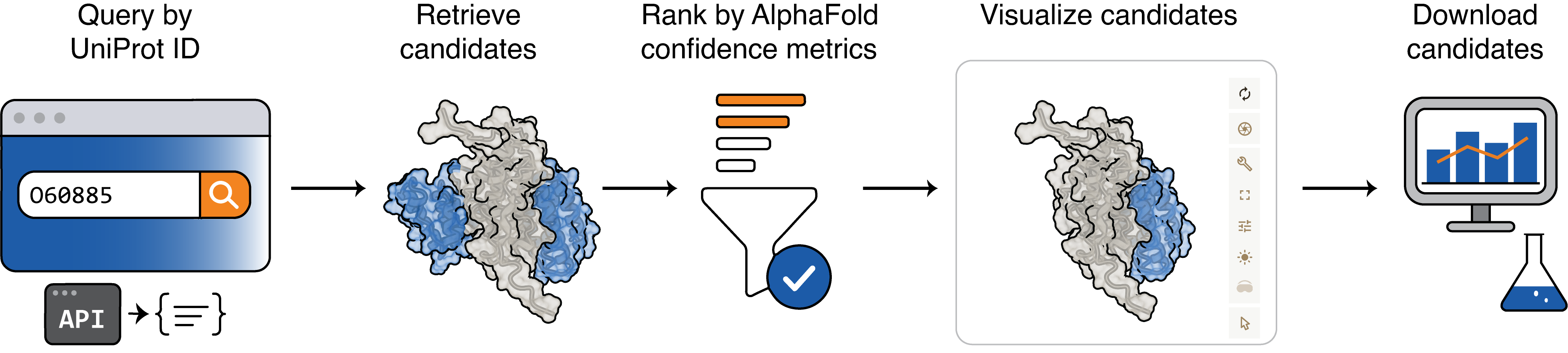 Example web/API workflow: query Bindome by UniProt accession, retrieve candidates, rank by AlphaFold confidence metrics, visualize candidates, and download results.